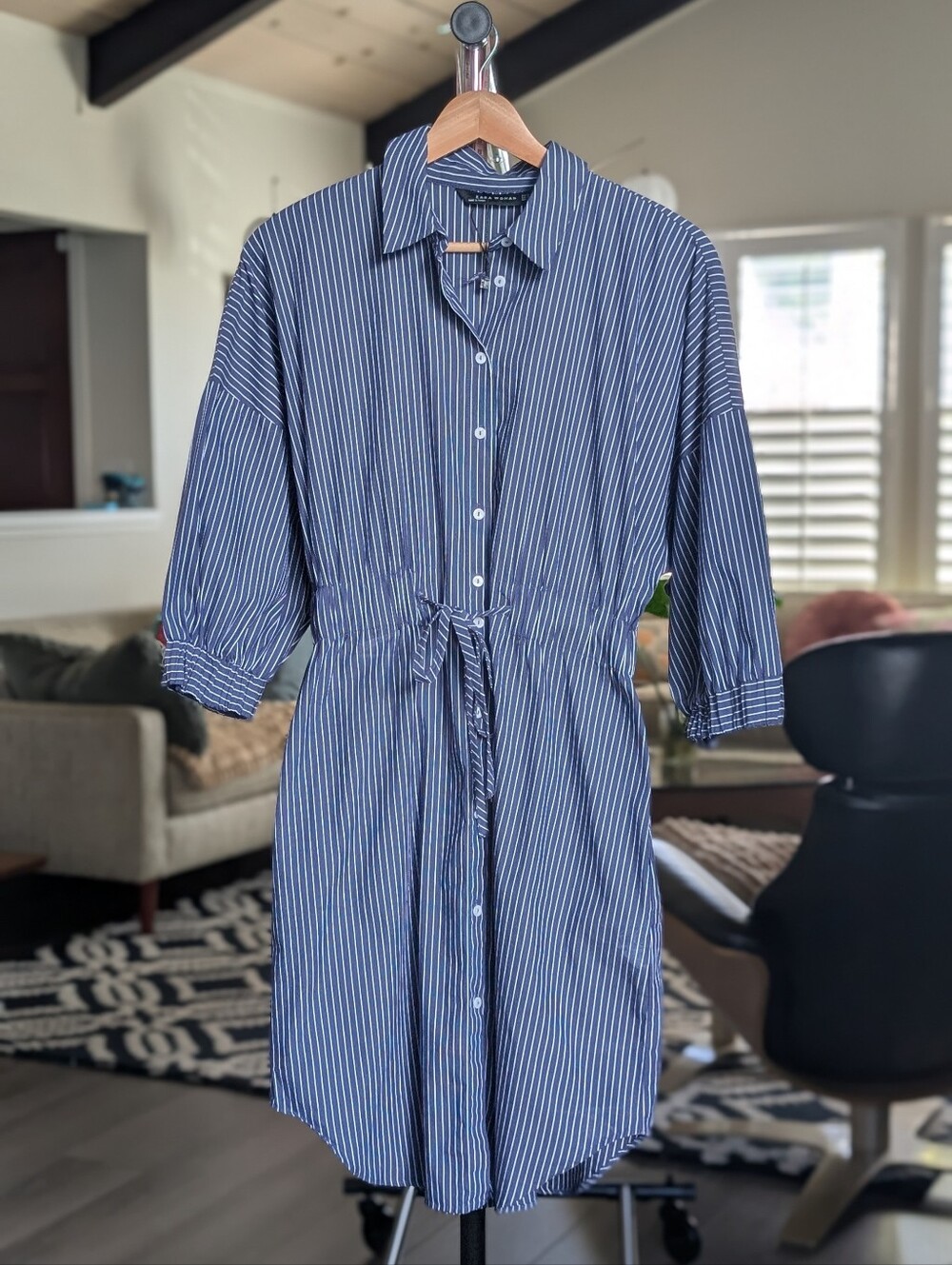 ZARA Blue & White Striped Shirt Dress with Puff Sleeves Size M - Preppy!